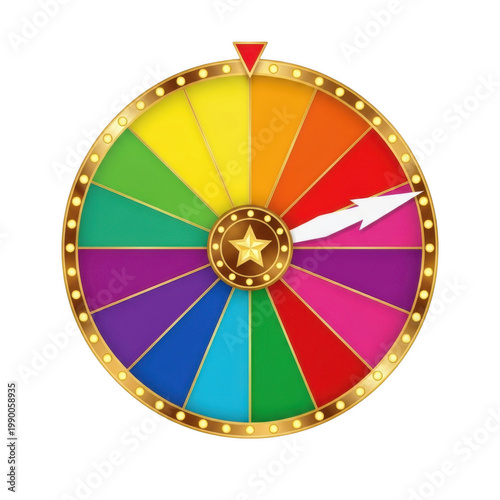 A colorful wheel with a gold border and a white pointer isolated on transparent background