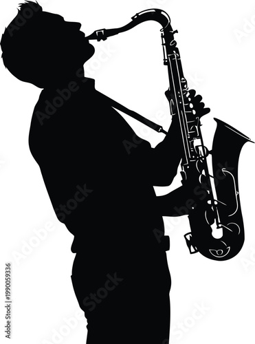 Jazz saxophone player silhouette, professional musician playing tenor sax vector, black and white musical performance art isolated on white