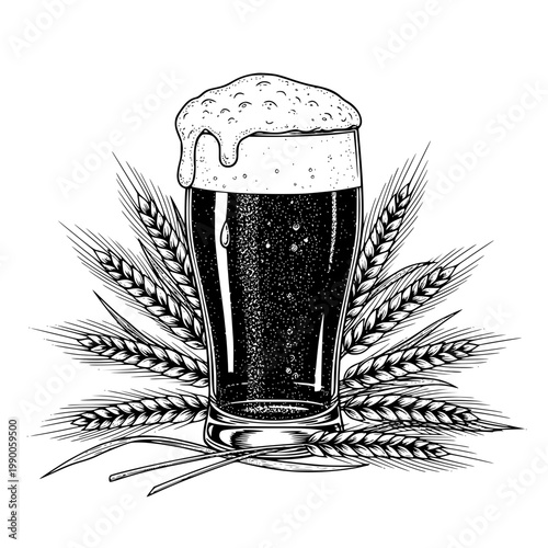 A glass of dark beer with foam on top surrounded by wheat Vector, illustration