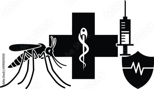 Medical mosquito prevention vector icon set, healthcare malaria protection symbols, black and white vaccine syringe and caduceus cross illustration
