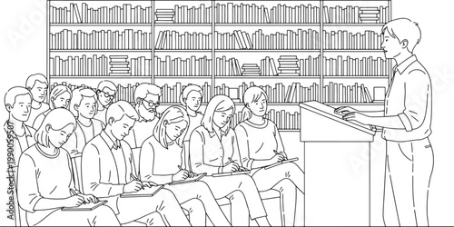 Black and White Line Art Illustration of a Lecturer Speaking to Students