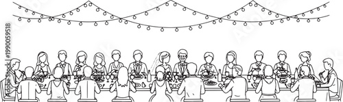 Wedding Reception Banquet Table Illustration with String Lights and Guests Line Art