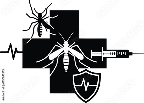 Mosquito disease prevention vector icon, medical cross with insect silhouettes and syringe, malaria and virus protection concept graphic