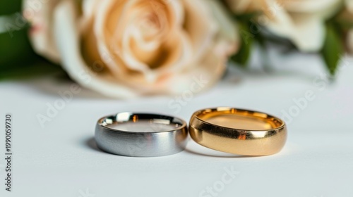 Elegant silver and gold wedding rings positioned elegantly beside a soft rose flower on a white background