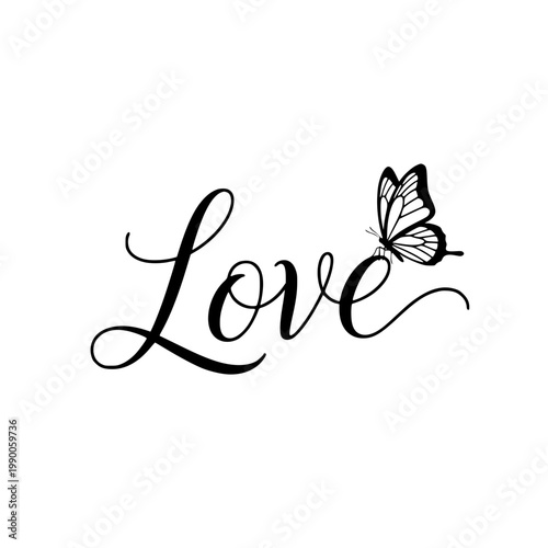 A black and white illustration of love with a butterfly Vector, illustration