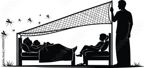 Mosquito net silhouette vector, family sleeping under protective bed netting, malaria prevention and insect protection concept illustration