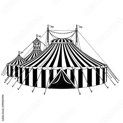 A large black and white striped circus tent Vector, illustration