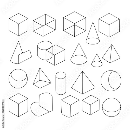 Various 3d geometric shapes in different views and projections Vector, illustration