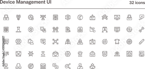 Device management UI icon set in minimal outline style for system control monitoring configuration and digital infrastructure interface design