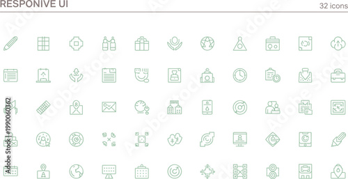 Responsive UI icon set in minimal outline style for adaptive design mobile web interfaces and cross device user experience applications