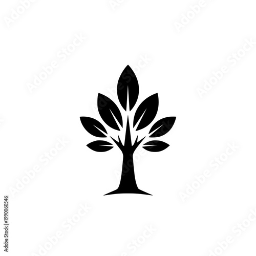 A black silhouette of a tree with several leaves Vector, illustration