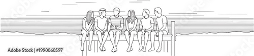 Minimalist Line Art Illustration of Friends Sitting Together on a Wooden Pier