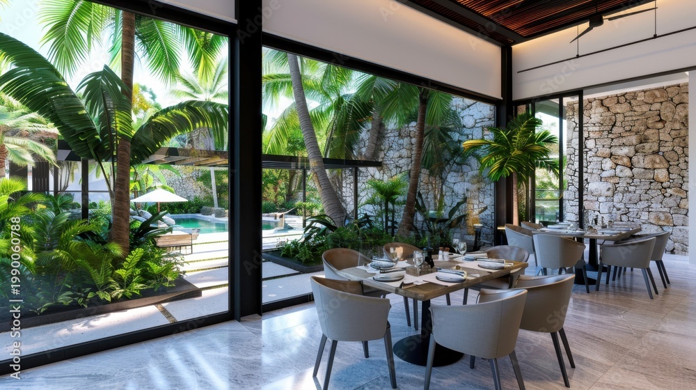 Fototapeta premium Elegant modern dining area with lush tropical garden view, bright natural light, and sophisticated decor