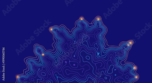 Abstract blue topographic map illustration with glowing orange points