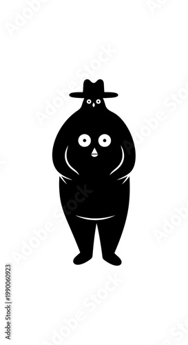 Surreal stout character silhouette with fedora hat and bird eyes