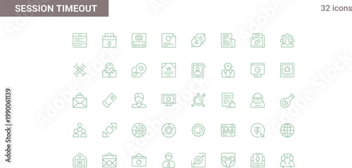 Session timeout icon set in minimal outline style for user inactivity alerts security control and system interface management design