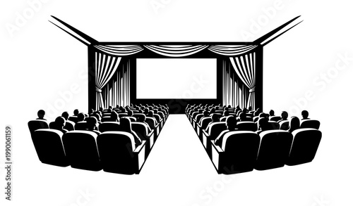 Cinema Theater Crowd Watching Blank Screen Black and White Vector Illustration