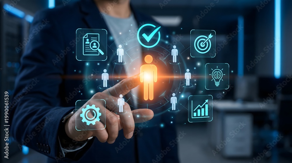 Fototapeta premium Businessman in a dark office interacting with a futuristic digital interface for human resources management and talent acquisition recruitment process