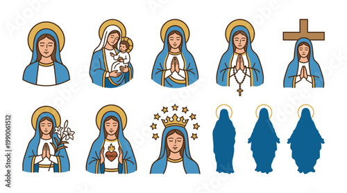 Set of Virgin Mary vector icons featuring holy mother praying, holding baby Jesus, immaculate heart, and silhouettes for religious catholic design.