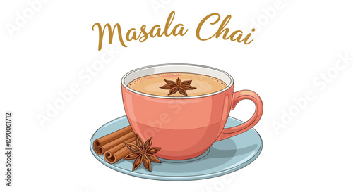 Masala chai tea in a pink cup with cinnamon and star anise on a saucer, white background