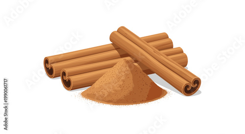 Pile of ground cinnamon powder with three whole cinnamon sticks on white