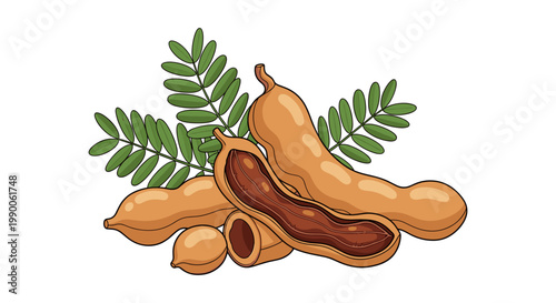 Ripe tamarind pods with green leaves and open fruit showing pulp on white background