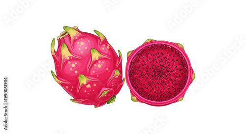 Whole and halved red dragon fruit with dark pink flesh and small black seeds on white background