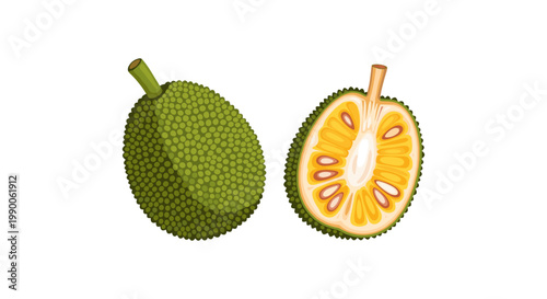 Whole and sliced jackfruit tropical fruit with green skin and yellow pulp