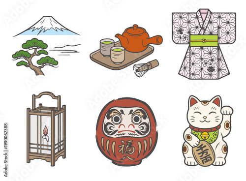 和風アイコンセット 日本文化 手描き線画 イラスト素材 ベクター・カラー | Japanese traditional icon set line art illustration, vector, color