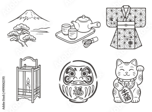 和風アイコンセット 日本文化 手描き線画 イラスト素材 ベクター | Japanese traditional icon set line art illustration, vector