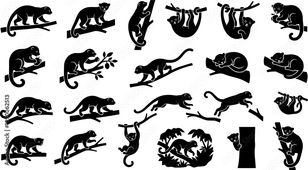 Obraz premium Four black kinkajou silhouettes on branches and holding fruit animal arboreal 