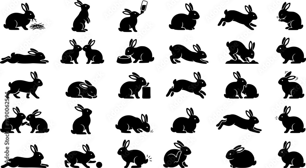 Fototapeta premium Four black rabbit silhouettes engaged in various activities bunny animal 