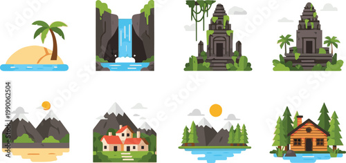 Illustrations of various scenic landscapes with mountains, waterfalls, and buildings