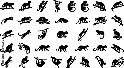 Four black kinkajou silhouettes on branches and holding fruit animal arboreal
