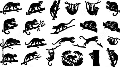 Four black kinkajou silhouettes on branches and holding fruit animal arboreal
