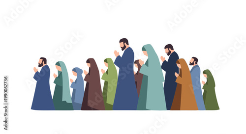 Muslim Family Praying Together, Islamic Religious Gathering, Diverse Group