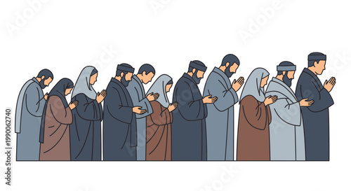 Muslims praying together in a row, religious devotion, community prayer