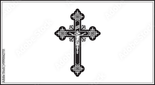 Ornate Christian Cross with Jesus Christ Figure Isolated on White Background