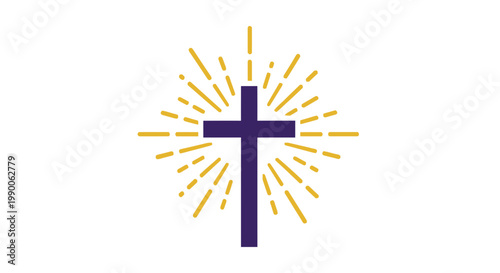 Purple Christian Cross with Golden Rays of Light and Sunburst on White Background