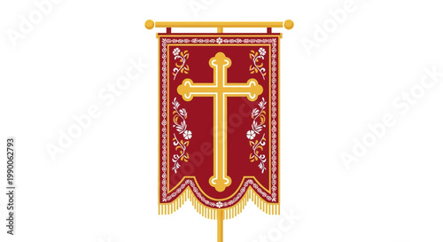Religious Banner with Golden Cross and Floral Embroidery
