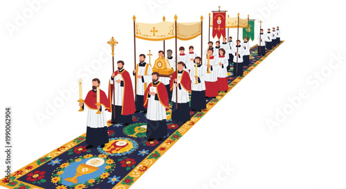 Catholic Procession: Clergy in Albs and Chasubles with Monstrance, Crosses, Candles