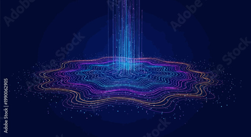 Vibrant purple blue and orange neon circuit board design with glowing light beam
