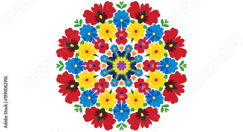 Vibrant Floral Mandala Pattern, Colorful Folk Art Design, Symmetry, White Background