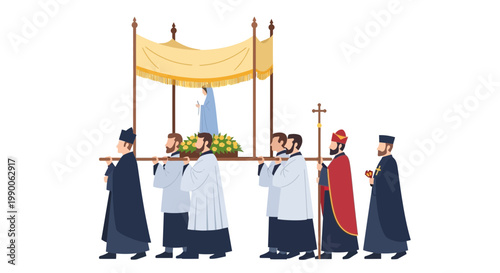 Catholic Procession Carrying Statue of Virgin Mary with Clergy