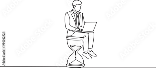 Illustration of businessman sitting on the hourglass with laptop legs crossed. one line art icon drawing vector