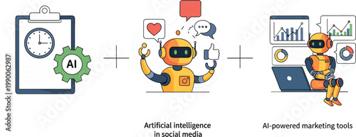 Artificial Intelligence Concepts for Social Media Management and Marketing Tools Featuring Robot Characters Analyzing Data Charts and Automating Tasks Vector Illustration