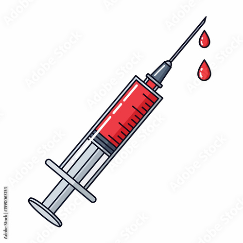 Syringe with needle and red liquid blood drops isolated on white background medical vector icon