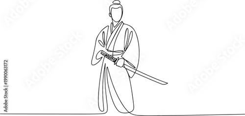 Hand drawn continuous line illustration of a Japanese man wearing a traditional kimono and sword. one line art icon drawing vector