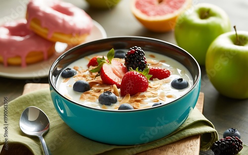A Vibrant Bowl of Greek Yogurt Topped with Berries, Toasted Coconut, and Almonds