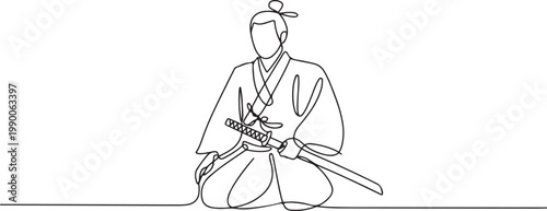 Hand drawn continuous line illustration of a Japanese man wearing a traditional kimono and sword. one line art icon drawing vector